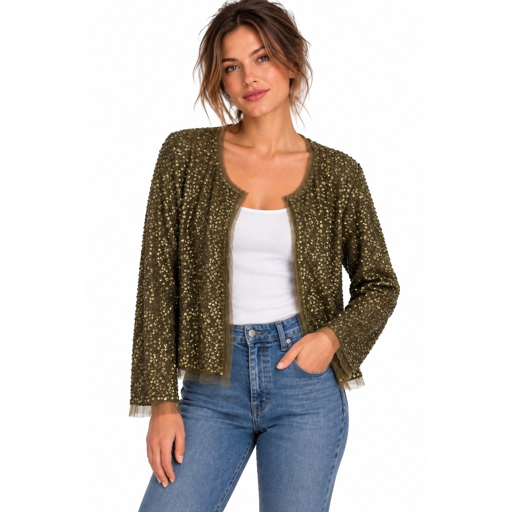 J Crew Olive Gold Sequin Cardigan Small Mesh Trim Open Front Party